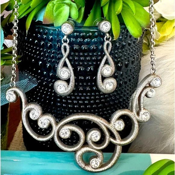 Brighton STERLING LACE Silver Crystal Statement Necklace Bracelet Earrings RARE